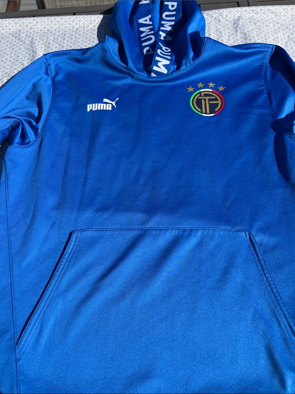 Men’s LARGE Puma Blue Hooded Sweatshirt with Crest and White Logo